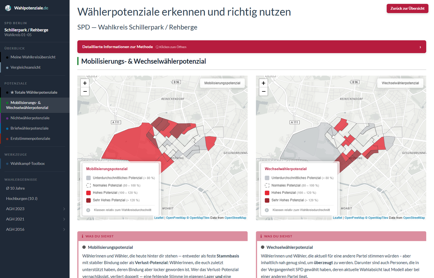 Zwei Potenzialkarten nebeneinander: Mobilisierungspotenzial und Wechselwählerpotenzial, jeweils je Stimmbezirk eingefärbt.