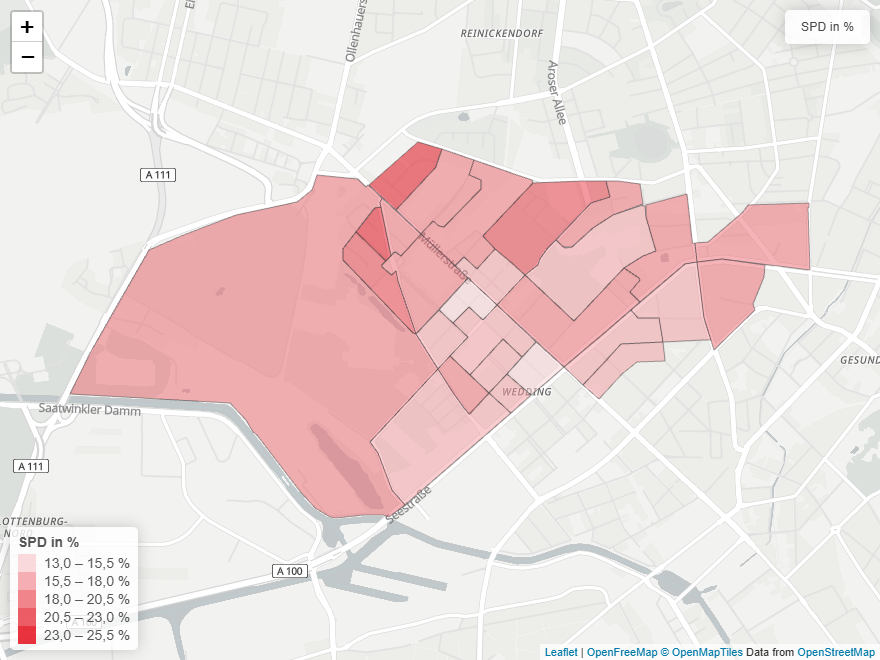 Wahlkreis 01-05, eingefärbt nach dem Zweitstimmenergebnis der eigenen Partei.